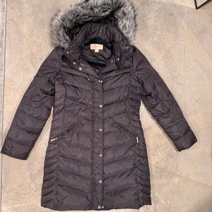 Michael Kors Charcoal Puffer Jacket with Faux Fur Trim